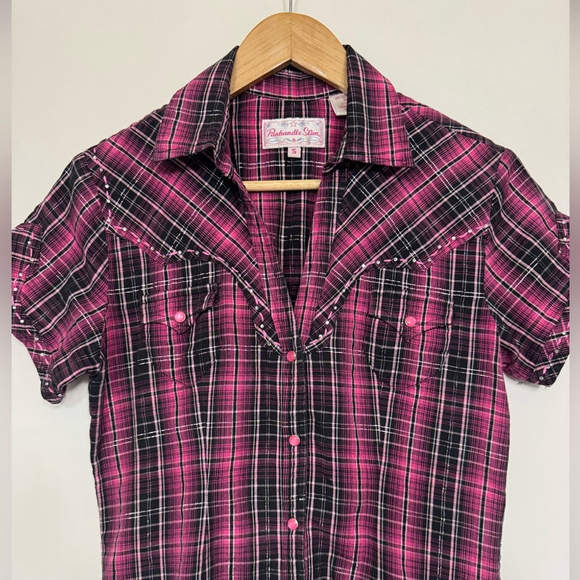 Panhandle Slim Pink Black Plaid Western Shirt Women’s Small Short Sleeve Snap - Picture 2 of 12